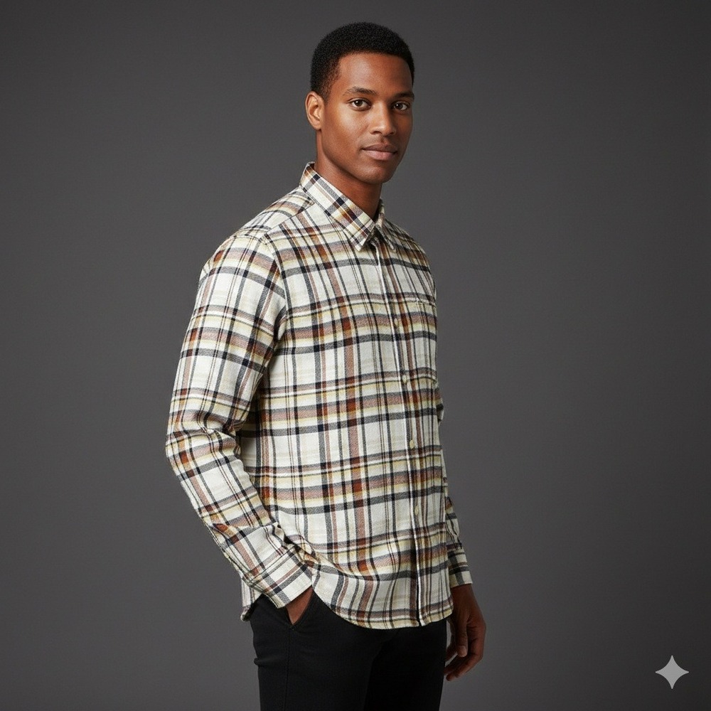 Scotch & Soda Mens Fleece Plaid Button Down Shirt Cream Brown Regular Fit Medium